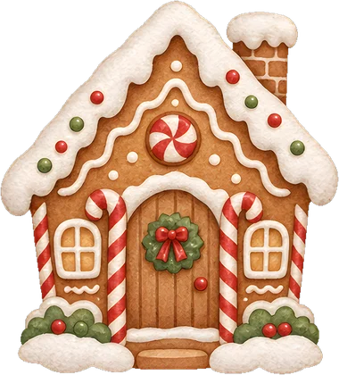 Iced gingerbread house with a wreath on the door