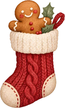 Knit stocking with a gingerbread friend peeking out